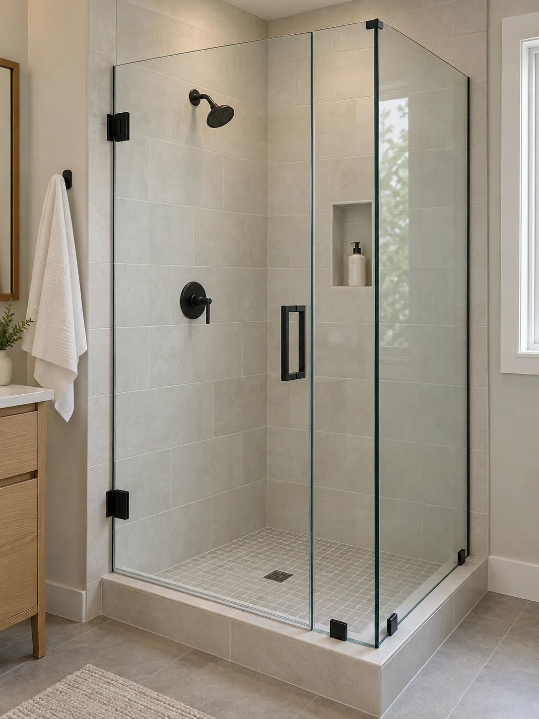 Frameless corner shower with black hardware, light porcelain tile, and natural daylight